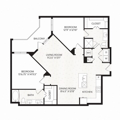 Floor plan for 2 beds, 2 baths, 1248 sqft